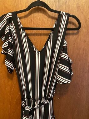 Black Striped V-Neck Cold-Shoulder Jumpsuit
